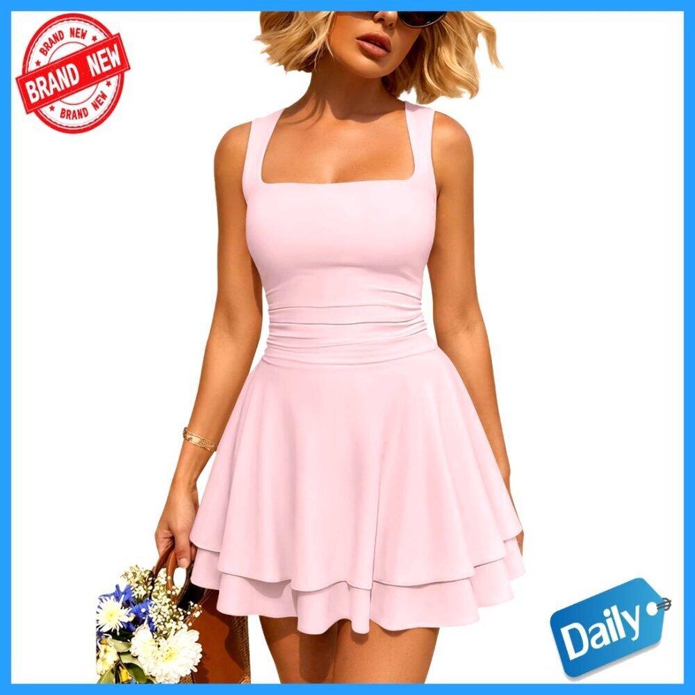 Sleeveless Square Neck Ruched Waist Mini Dress Lightweight Summer Party